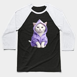 Beautiful white cat wearing purple hoodie Baseball T-Shirt